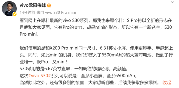 vivo副总裁曝光S30 Pro mini：6.31英寸＋6500mAh电池