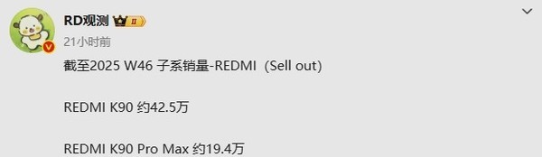 REDMI K90系列手机销量数据曝光：合计超60万台