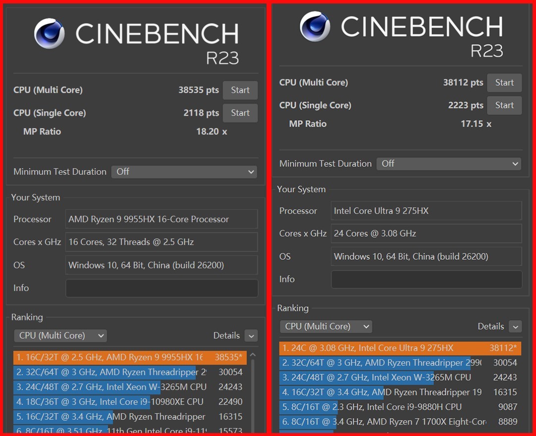 高端游戏本处理器对决 锐龙9 9955HX和酷睿Ultra 9 275HX谁更强