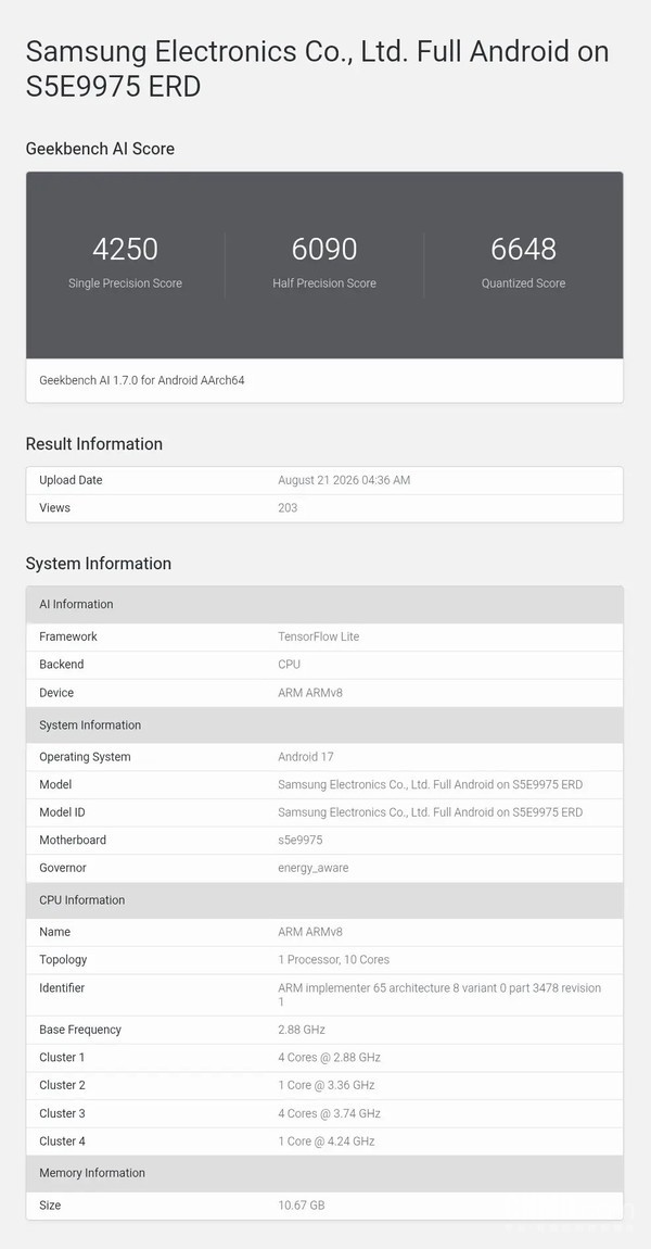 三星Exynos 2700现身Geekbench AI：采用10核心架构